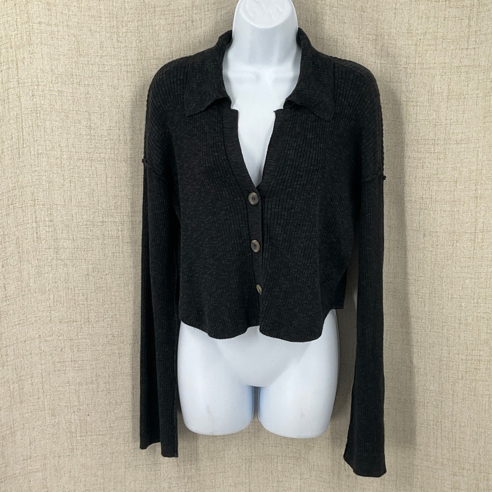 Free People Cardigan Women S Gray Linen Blend Ribbed Cropped Boho Minimalist